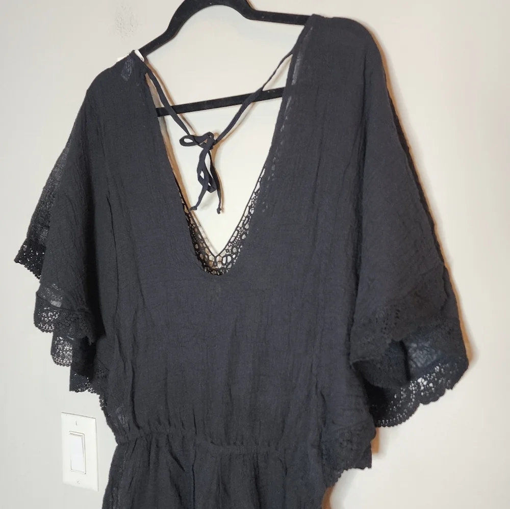 NWT Eberjey M/L Black Sol Liberty Lace‎ Trimmed Romper Swim Cover-Up Beachy